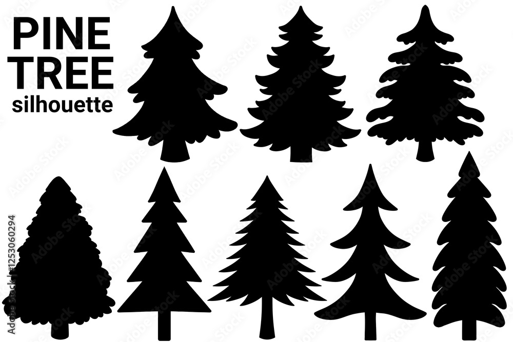 Obraz premium Set of different silhouette of pine trees isolated on white background. 8 pine trees vector in black icon. Design for christmas elements, packaging, and christmas wallpaper. Simple pine trees vector