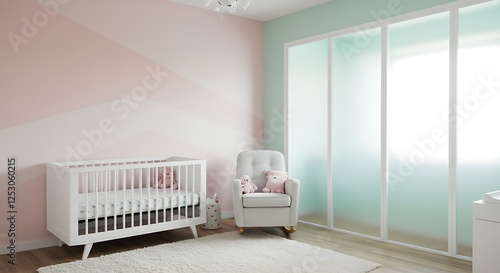 Stylish nursery room interior with crib and armchair