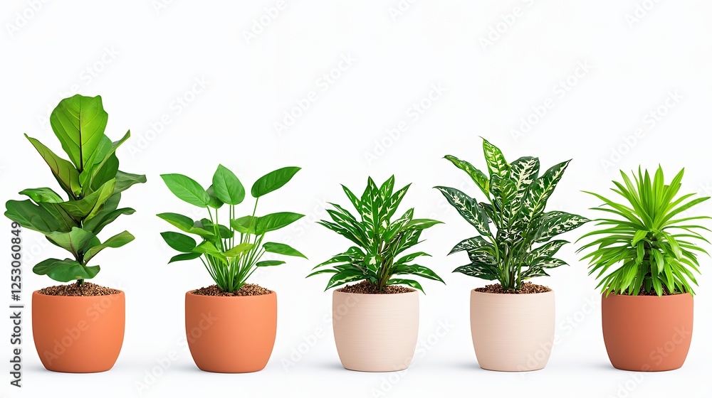 Variety Of Potted Houseplants In Terracotta And Cream Pots On White Background Variety Of Potted Houseplants In Terracotta And Cream Pots On White Background