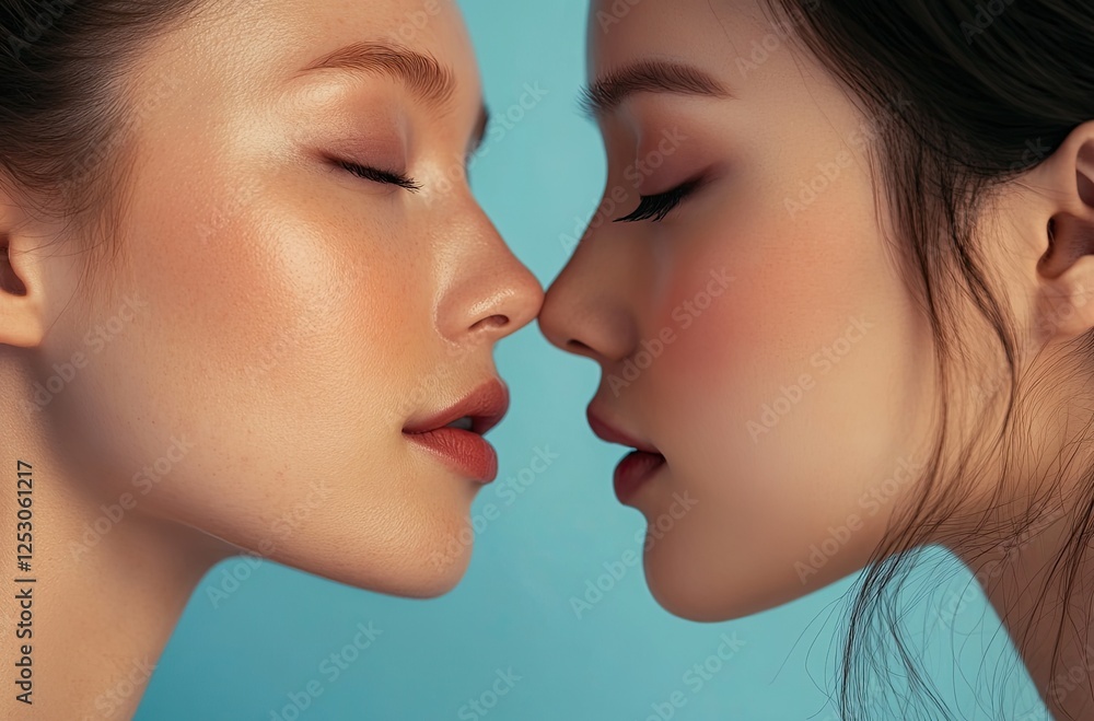 A close-up of two faces, one Caucasian and the other Asian with clear skin, touching foreheads in a moment against a light blue background A close-up of two faces, one Caucasian and the other Asian with clear skin, touching foreheads in a moment against a light blue background