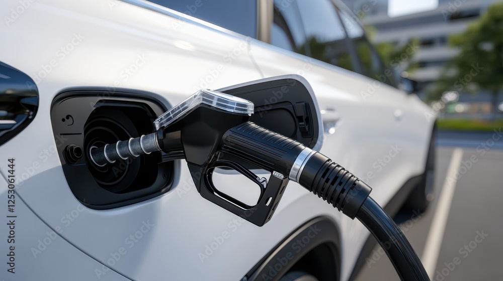 Fuel nozzle inserted into a white car's gas tank, at a gas station, ready for refueling. Fuel nozzle inserted into a white car's gas tank, at a gas station, ready for refueling.