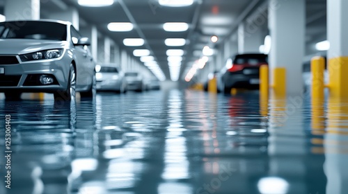 Wallpaper Mural Flooded underground parking lot, cars parked, water reflects lights. Torontodigital.ca