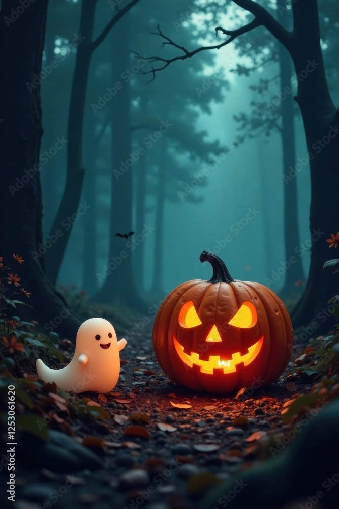 A whimsical Halloween scene featuring a friendly ghost and a glowing jack-o'-lantern on a path through a dark, autumnal forest A whimsical Halloween scene featuring a friendly ghost and a glowing jack-o'-lantern on a path through a dark, autumnal forest