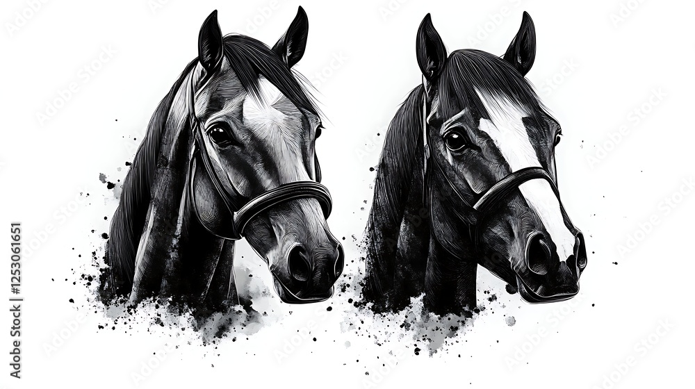 Fototapeta premium Two Majestic Black Horses Head Portraits