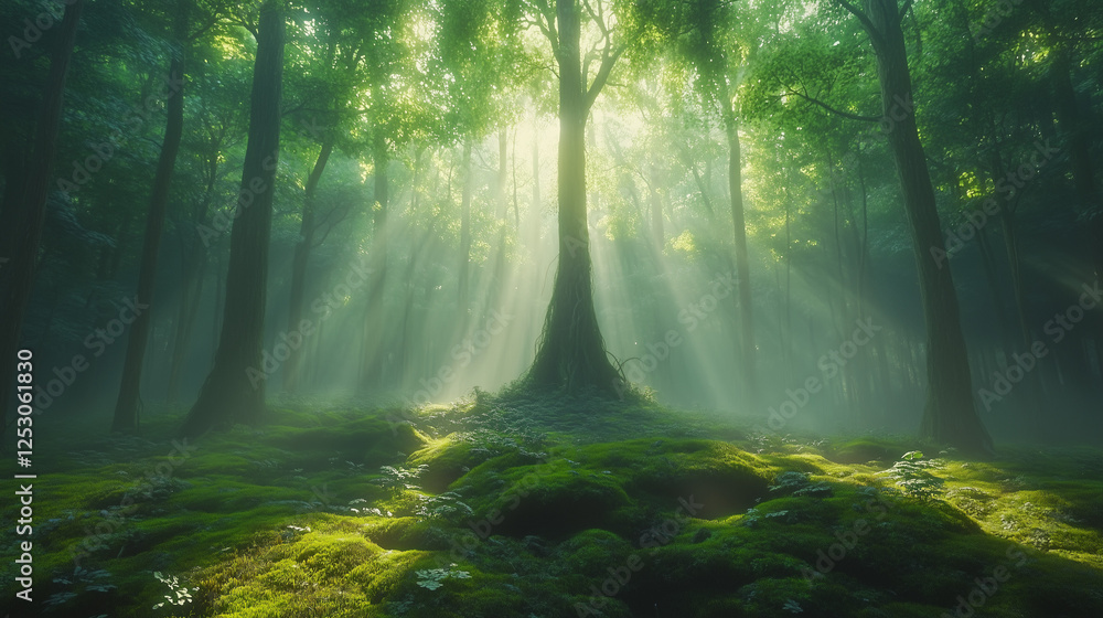 Obraz premium A tranquil forest with sunbeams shining through the trees.