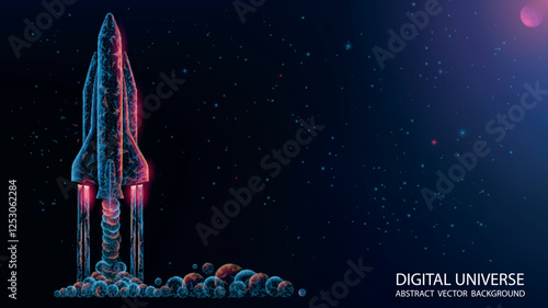 Vector illustration. Polygonal style. Technological abstract futuristic dark blue background. Spaceship launch from the cosmodrome. Future, technology and innovation. Satellite at the cosmodrome.