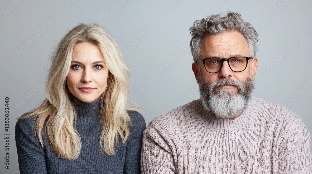 Mature couple portrait, neutral background, serious expression, relationship Mature couple portrait, neutral background, serious expression, relationship