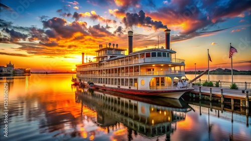 Majestic Paddle Wheeler at New Orleans Port:  Historic Riverboat Docked on Mississippi River