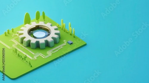 Isometric 3D Low Poly Style Depiction of a Gear on a Green Landscape with Trees and Circuit Elements in Low Resolution photo