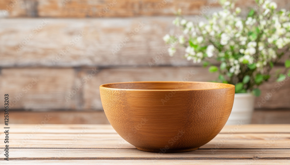 side view of bamboo bowl on wooden table, surrounded by greenery, creating serene and natural atmosphere. bowl is empty, showcasing its smooth texture and warm color side view of bamboo bowl on wooden table, surrounded by greenery, creating serene and natural atmosphere. bowl is empty, showcasing its smooth texture and warm color