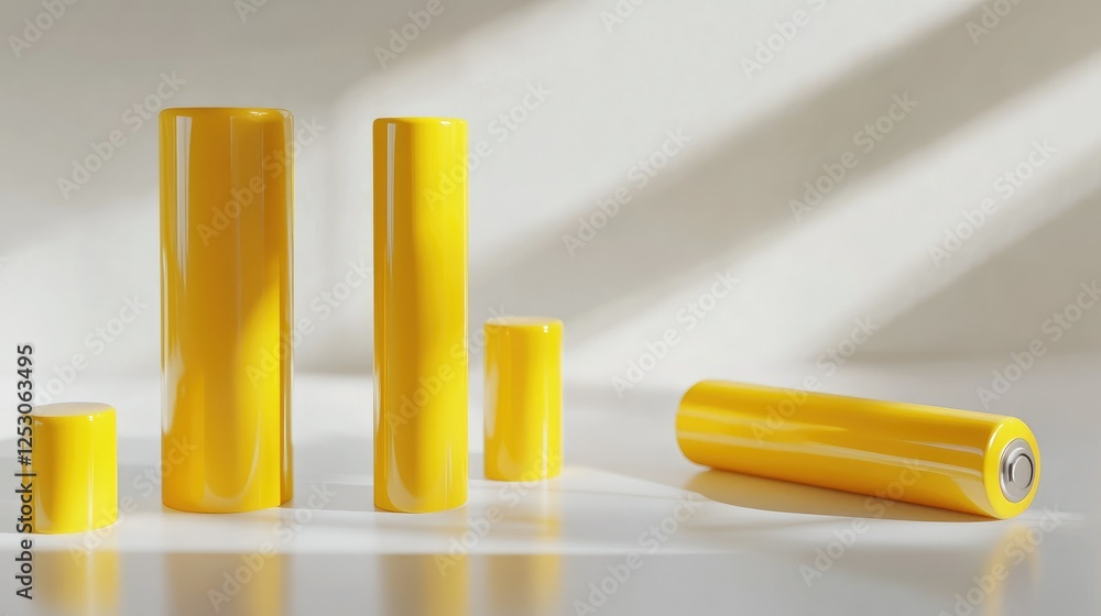 Yellow alkaline batteries in various positions on a glossy white surface, highlighting their design Yellow alkaline batteries in various positions on a glossy white surface, highlighting their design