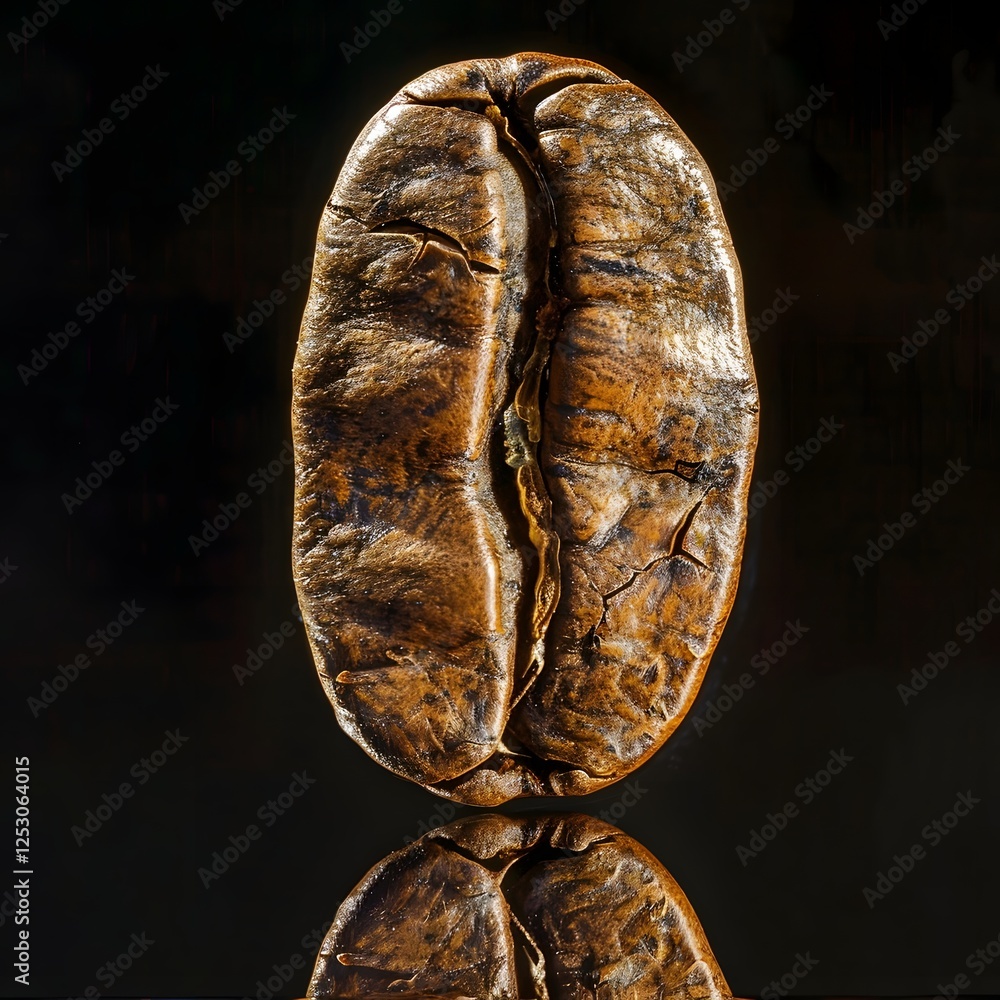 Naklejka premium Detailed Close-Up of a Single Roasted Coffee Bean Placed on Reflective Surface