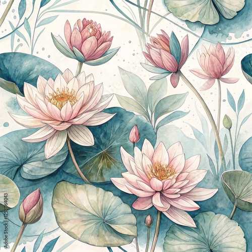 Watercolor lotus flowers and leaves in a serene botanical pattern.