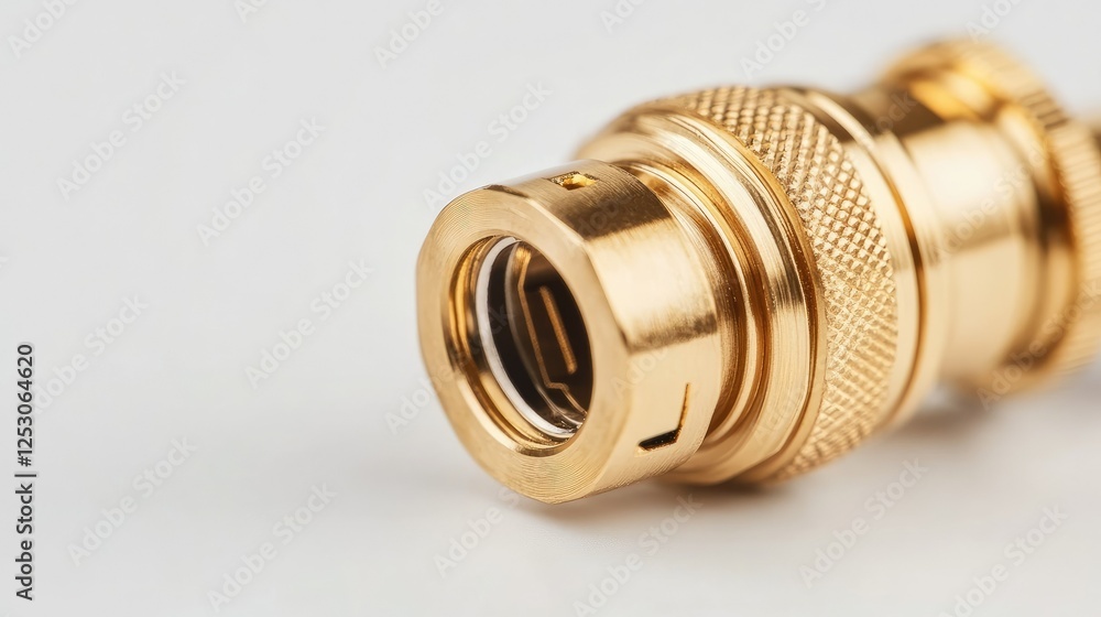 A macro shot of a gold-plated concentric coaxial plug connector on a clean white background A macro shot of a gold-plated concentric coaxial plug connector on a clean white background