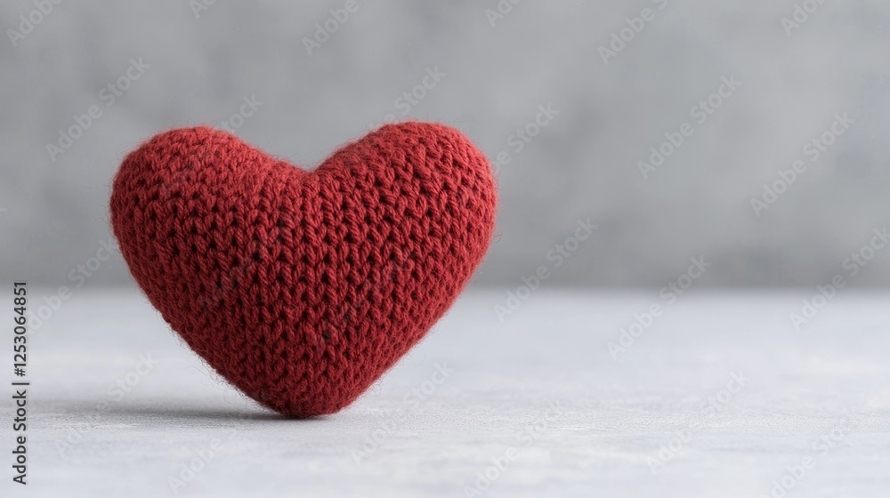 Fototapeta premium Red crocheted heart on a light gray surface