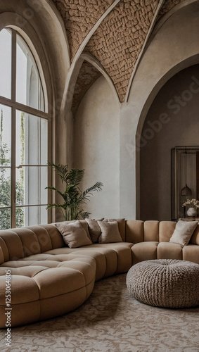 Boucle sofa and pouf in room with arch ceiling and stucco walls. Minimalist