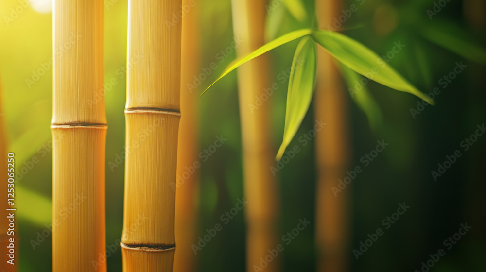 Obraz premium Textured bamboo background with vibrant green leaves and soft light. This serene natural setting evokes sense of tranquility and harmony