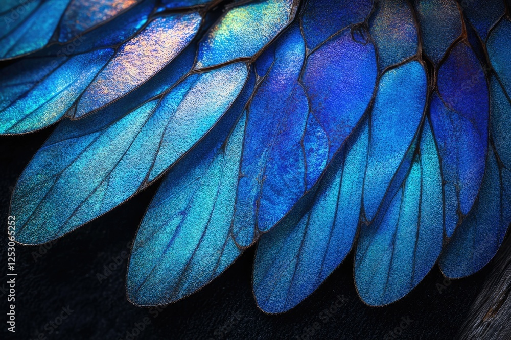 Obraz premium Close-up of iridescent blue insect wings, showcasing intricate venation and vibrant color.
