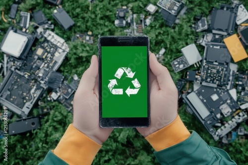 Hands hold phone displaying recycle symbol, over pile of electronic waste, promoting e-waste recycling and environmental awareness. photo