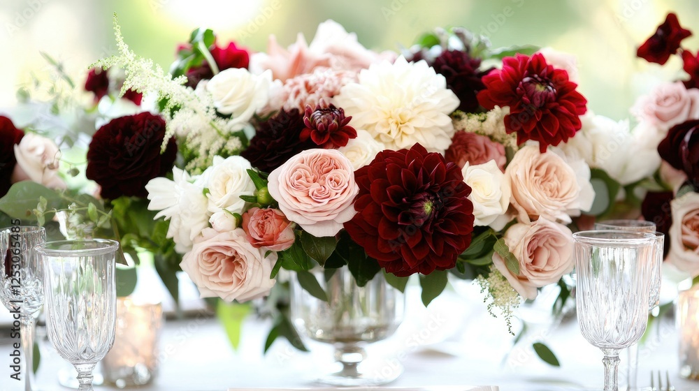 A modern bouquet arrangement with deep red dahlias and pastel pink ranunculus, accented with white fillers. A modern bouquet arrangement with deep red dahlias and pastel pink ranunculus, accented with white fillers.