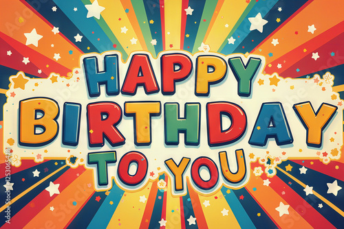 A Happy Birthday to You message on a bright, multicolored background with stars and confetti. photo