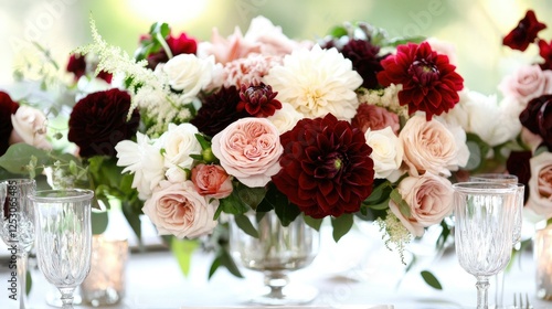 A modern bouquet arrangement with deep red dahlias and pastel pink ranunculus, accented with white fillers.