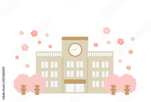学校の校舎と桜の木　イラスト