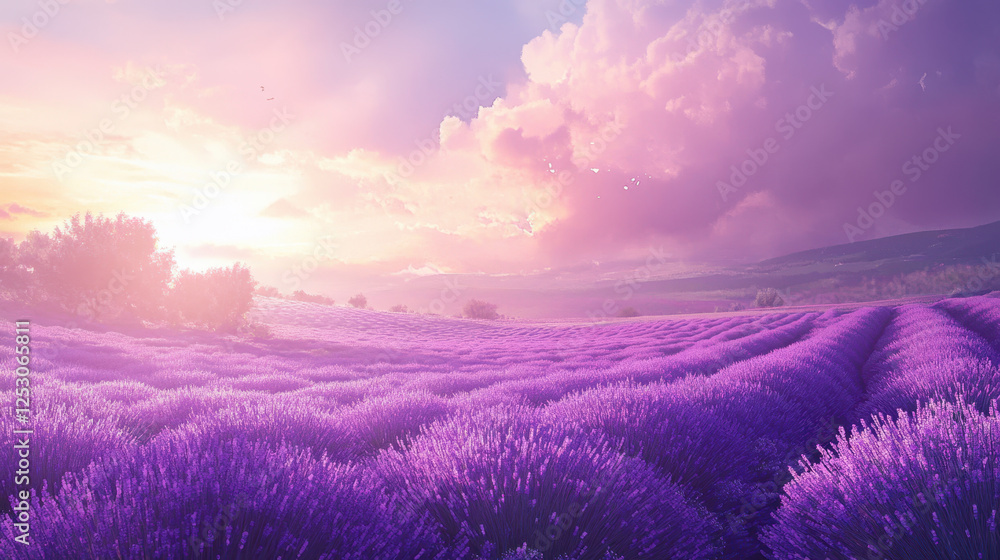 Vibrant Lavender Fields Under a Colorful Sunset in a Scenic Landscape During Late Afternoon Vibrant Lavender Fields Under a Colorful Sunset in a Scenic Landscape During Late Afternoon