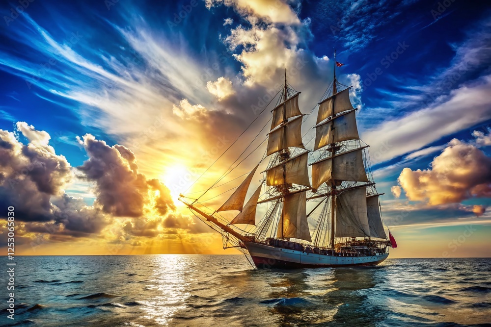 Obraz premium Majestic Tall Ship Sailing Ocean: Summer Vacation Cruise Adventure