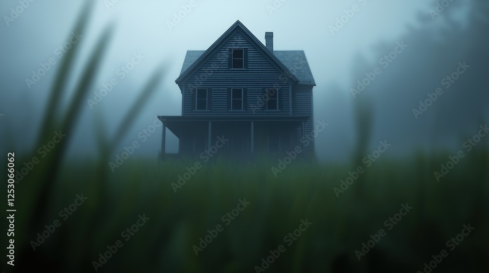 A mysterious old house shrouded in fog, surrounded by overgrown grass A mysterious old house shrouded in fog, surrounded by overgrown grass