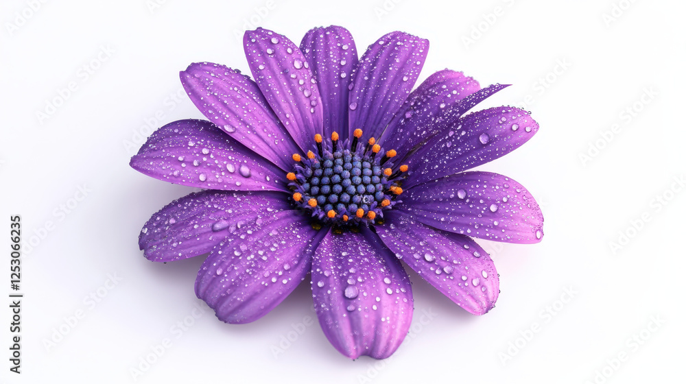 Purple Flower With Water Droplets Resting Against a White Background in a Serene and Fresh Arrangement Purple Flower With Water Droplets Resting Against a White Background in a Serene and Fresh Arrangement