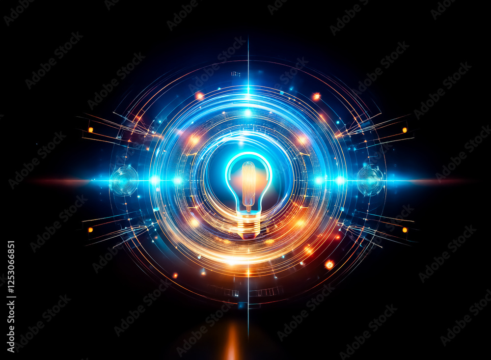 Glowing light bulb at the center of concentric circles and radiating lines against a dark backdrop. Abstract digital art with vibrant illumination and a sense of technology and innovation. Glowing light bulb at the center of concentric circles and radiating lines against a dark backdrop. Abstract digital art with vibrant illumination and a sense of technology and innovation.
