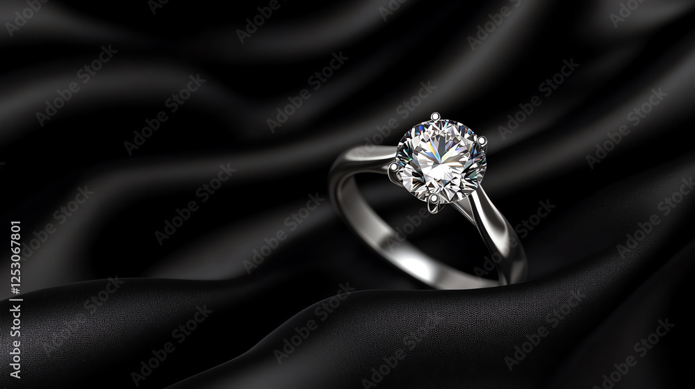 A stunning close-up of an elegant diamond engagement ring resting on luxurious black silk fabric, symbolizing love and commitment in a beautifully refined setting. A stunning close-up of an elegant diamond engagement ring resting on luxurious black silk fabric, symbolizing love and commitment in a beautifully refined setting.