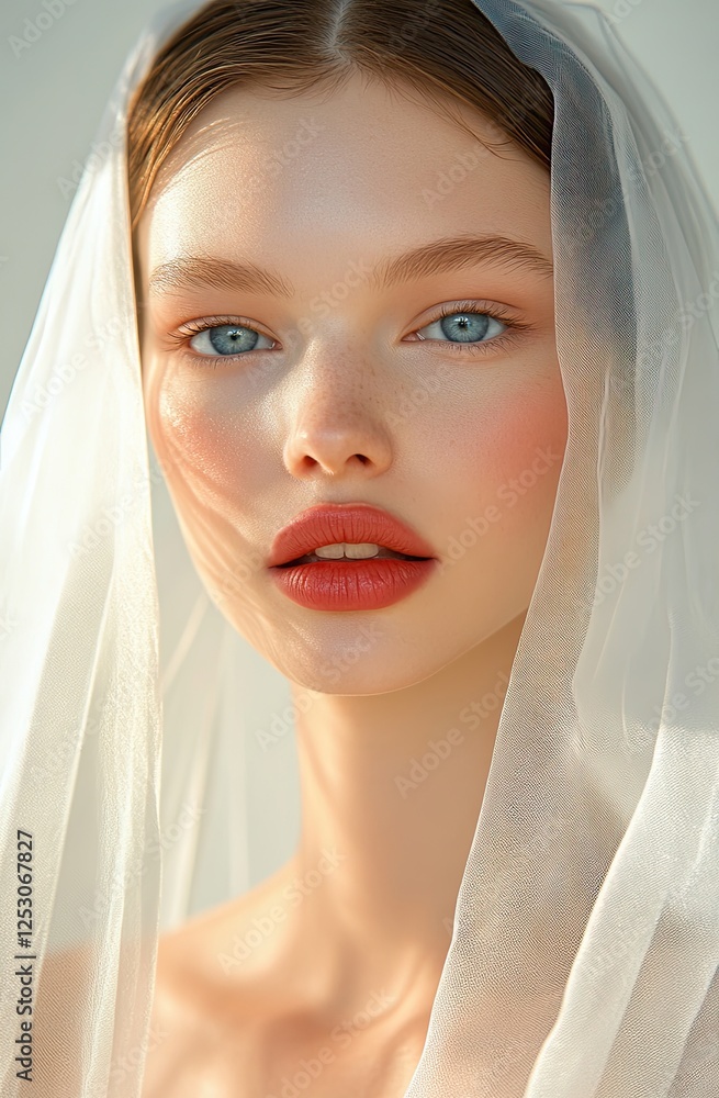A beautiful bride with a white veil, light makeup, and blue eyes, posing for the camera in a close-up portrait photograph A beautiful bride with a white veil, light makeup, and blue eyes, posing for the camera in a close-up portrait photograph