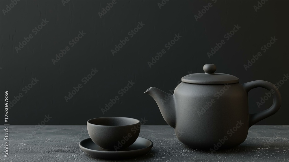 Black teapot and cup on a minimalist surface against a dark background. Black teapot and cup on a minimalist surface against a dark background.