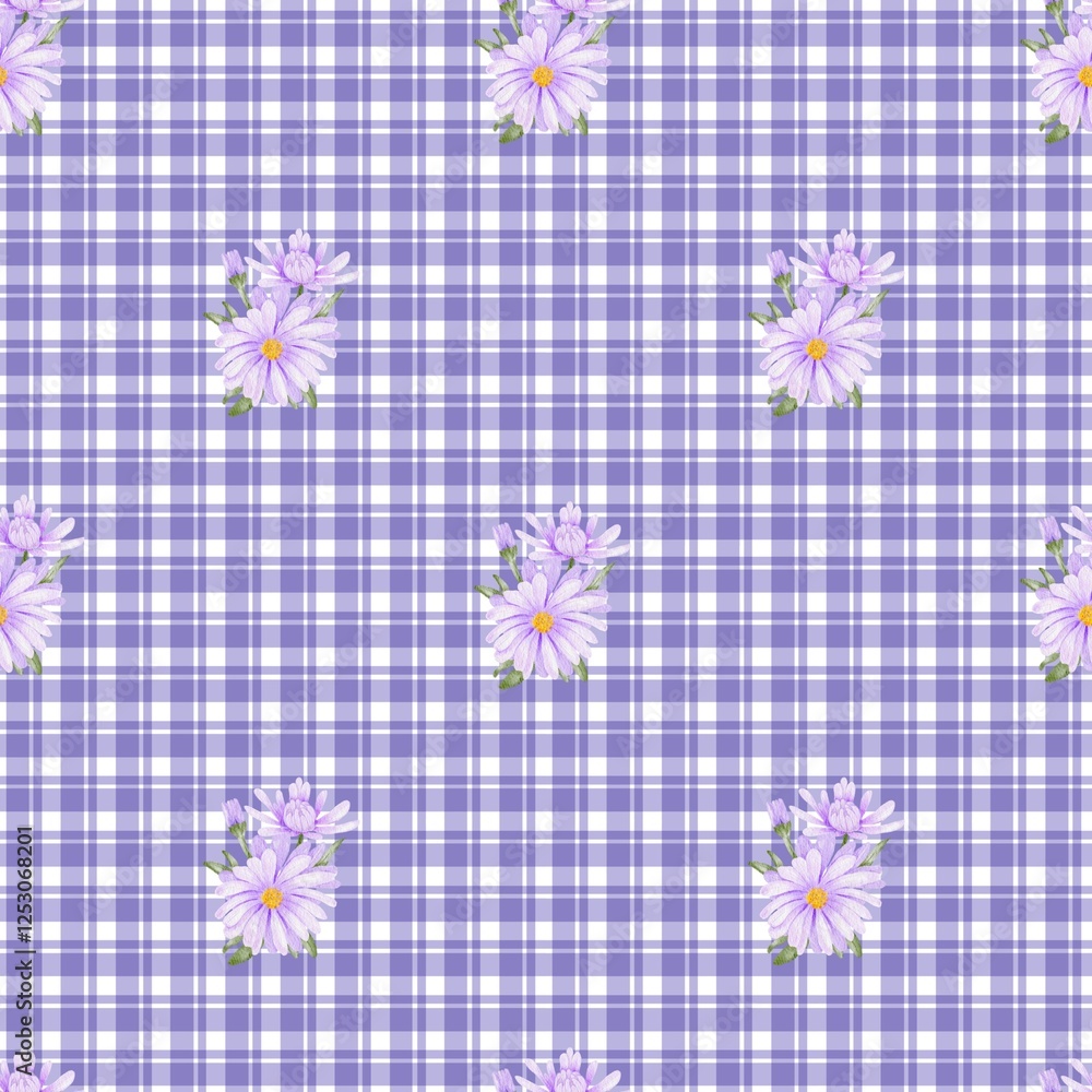 Seamless pattern with watercolor bouquet of lilac aster flowers on checkered background . Perfect for textile, fabric, wrapping, bedding, design paper, backdrop, wall hanging, wallpaper, scrapbooking Seamless pattern with watercolor bouquet of lilac aster flowers on checkered background . Perfect for textile, fabric, wrapping, bedding, design paper, backdrop, wall hanging, wallpaper, scrapbooking
