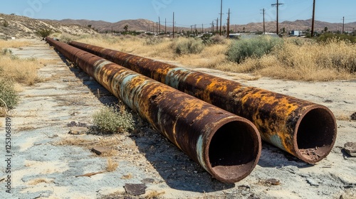 Wallpaper Mural A row of pipes with heavy rust damage lying on the ground in a desolate area Torontodigital.ca