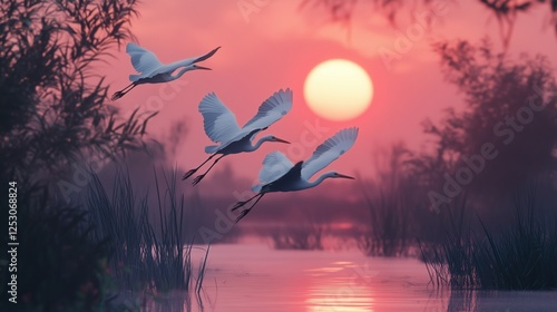 Minimalist photography, three herons fly from behind in front of a sunset, realistic colors , 8k photo