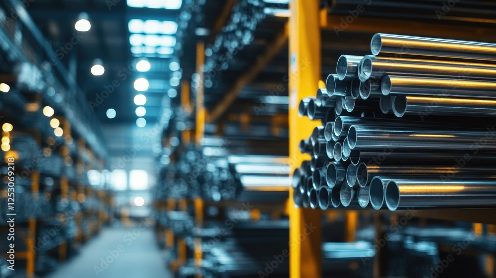 Naklejka premium A selective focus image of steel rods stacked on a warehouse shelf, illuminated by overhead lights