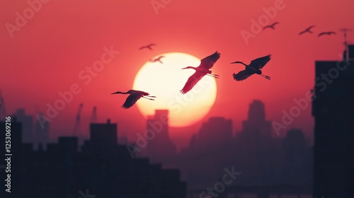 Minimalist photography, three herons fly from behind in front of a sunset, realistic colors , 8k photo