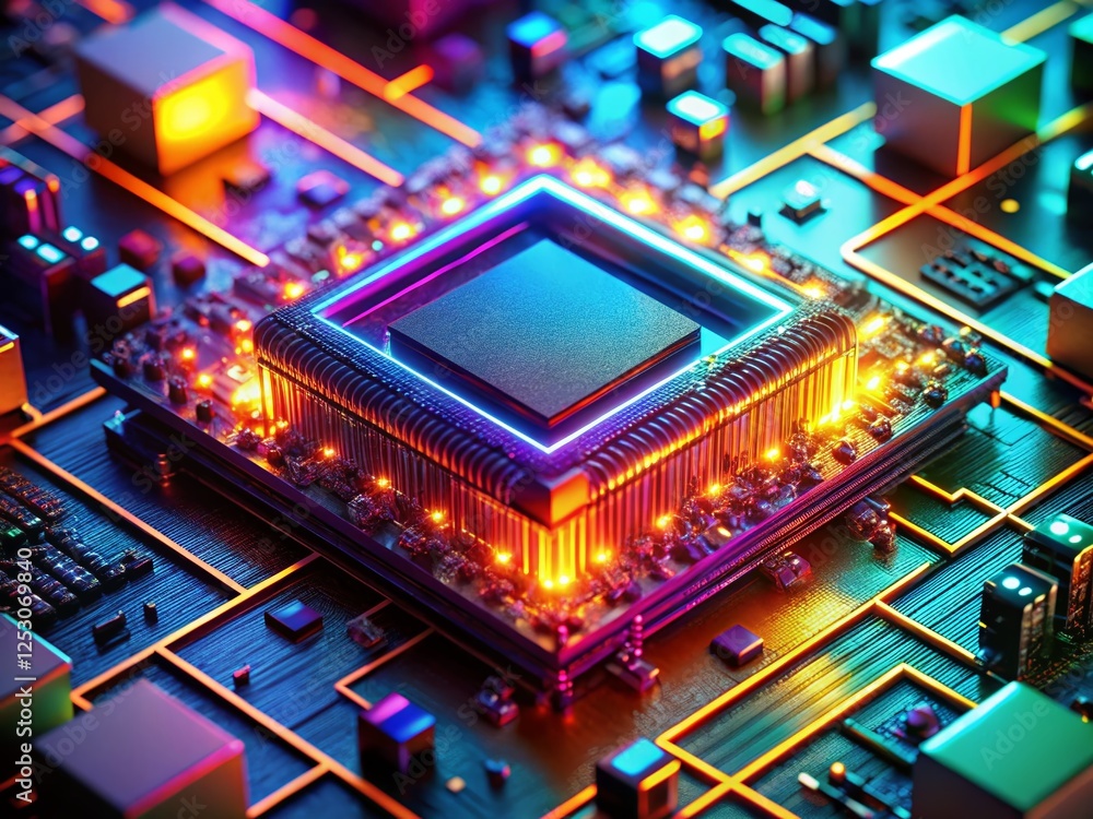 Fototapeta premium Microscopic Drone Shot: Glowing Silicon Chip Close-Up - High-Tech Semiconductor Detail