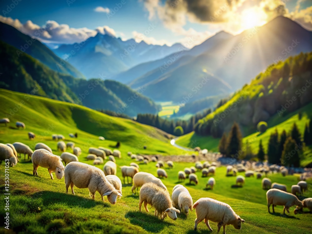 Fototapeta premium Miniature Alps: Charming Flock of Sheep on Lush Green Hills