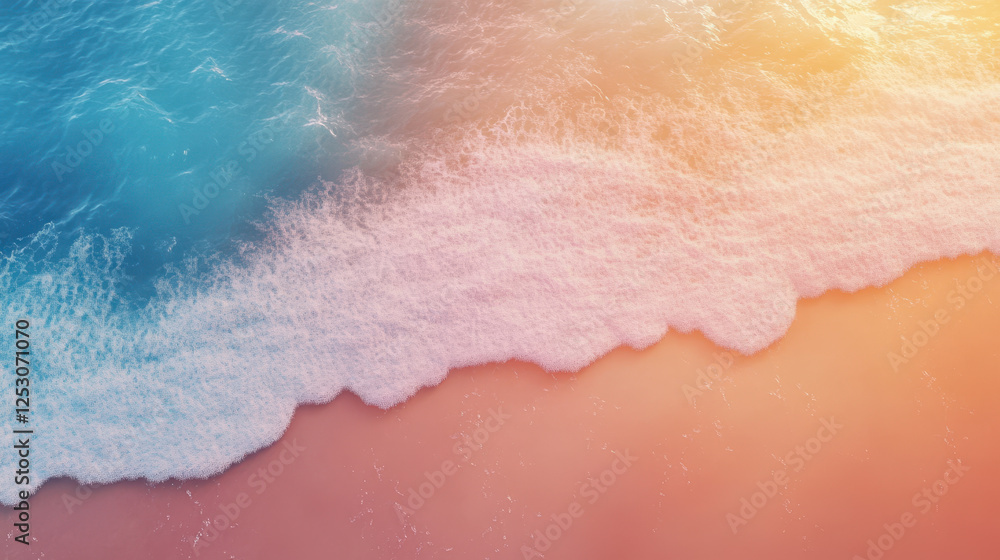 Fototapeta premium Waves Gently Crashing on a Sandy Beach During Sunset With Vibrant Colors Blending Over the Ocean Water