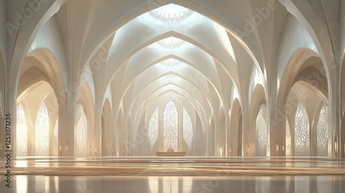 Serene interior of a grand  sunlit mosque showcasing intricate arches and light patterns