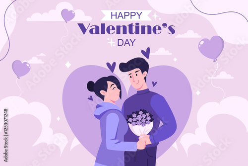 Couple celebrating valentine's day, man or boyfriend gives bouquet of flower to woman or his girlfriend and makes her happy, hearts in background, vector illustration