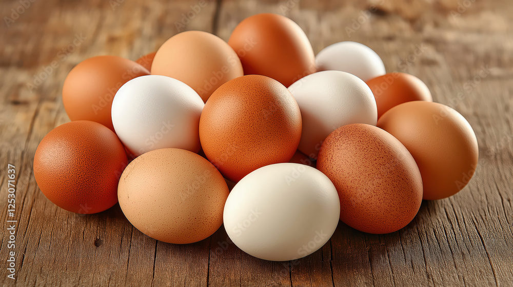 A vibrant collection of assorted farm fresh eggs rests on a rustic wooden table, highlighting the natural beauty and variety of colors in a cozy country kitchen atmosphere A vibrant collection of assorted farm fresh eggs rests on a rustic wooden table, highlighting the natural beauty and variety of colors in a cozy country kitchen atmosphere