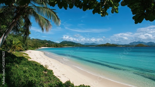 Tropical beach paradise, turquoise water, white sand, lush vegetation, idyllic getaway