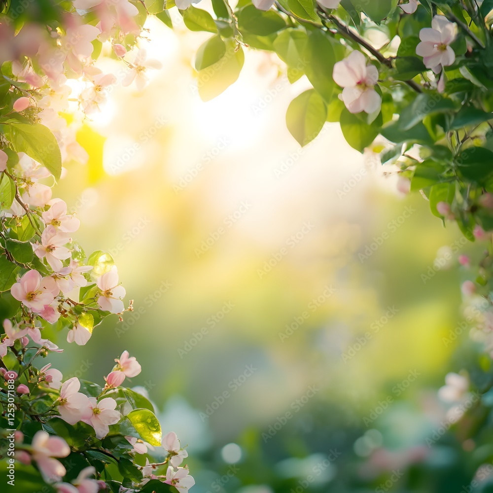 Bright blossoms on the left side, softly merging with lush leaves and a sunlit summer background. Bright blossoms on the left side, softly merging with lush leaves and a sunlit summer background.