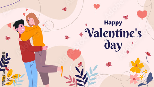 Couple of happy young man and woman hugging. Valentine's day joyful teen boyfriend and girlfriend embracing. Flat cartoon vector illustration background
