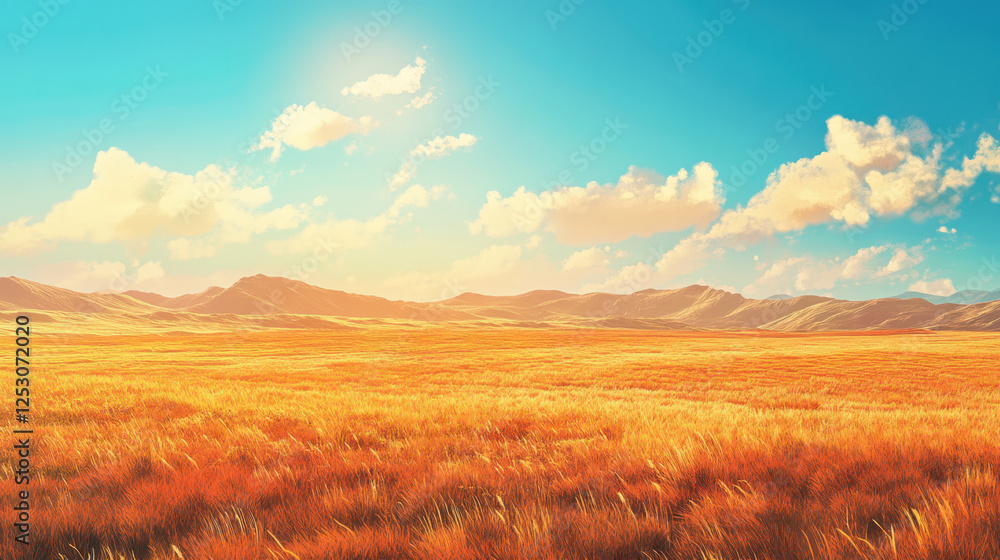 Golden Grass Plains Under a Bright Blue Sky With Distant Mountains at Sunset